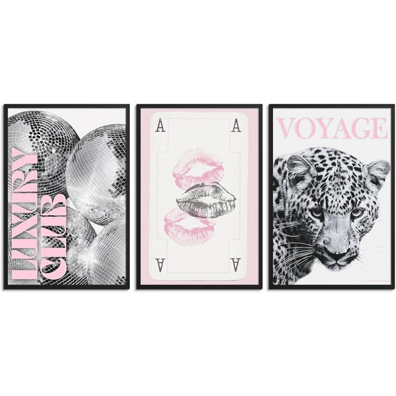 Pink Lip Prints Poker Canvas Wall Art,Trendy Disco Ball Poster Print, Black And White Cheetah Wall Decor For Girly Room Apartment Dorm 8X12 in Unframed-Canvas Rolled Unframed