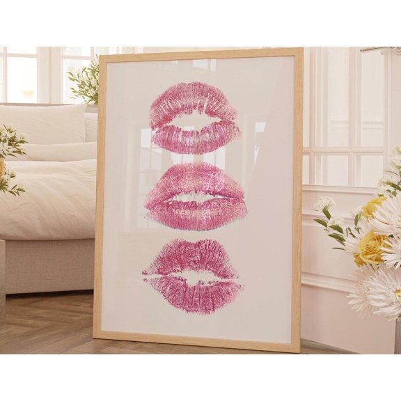 Pink Lips Art Print Girly Preppy Room Decor, Unframed Canvas 16x20in