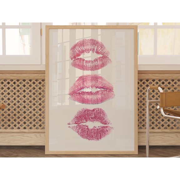 Pink Lips Art Print Modern Minimalist Wall Decor, Unframed Canvas 8x10in