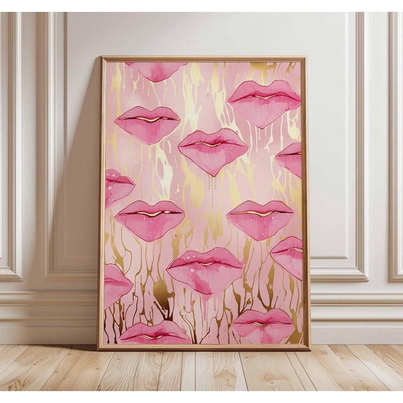 Pink Lips Glam Pop Art Gold Drip Bold Feminine Bedroom Makeup Art Unframed Paper Print