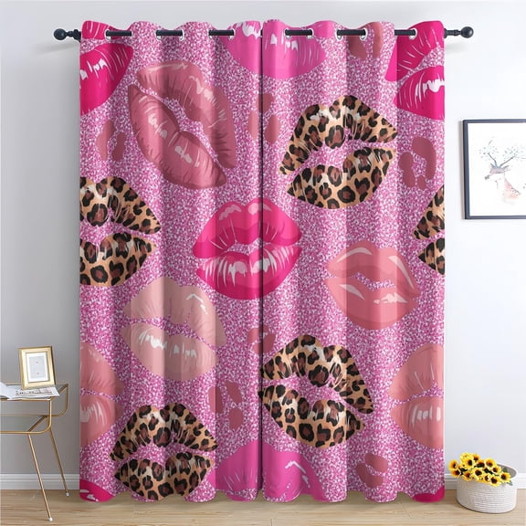 Pink Lips Print Curtains 72 Inch Length 2 Panels Set, Leopard Kiss Patterned Blackout Curtains for Bedroom, Living Room Decor, Room Darkening Thermal Insulated Grommet Drapes