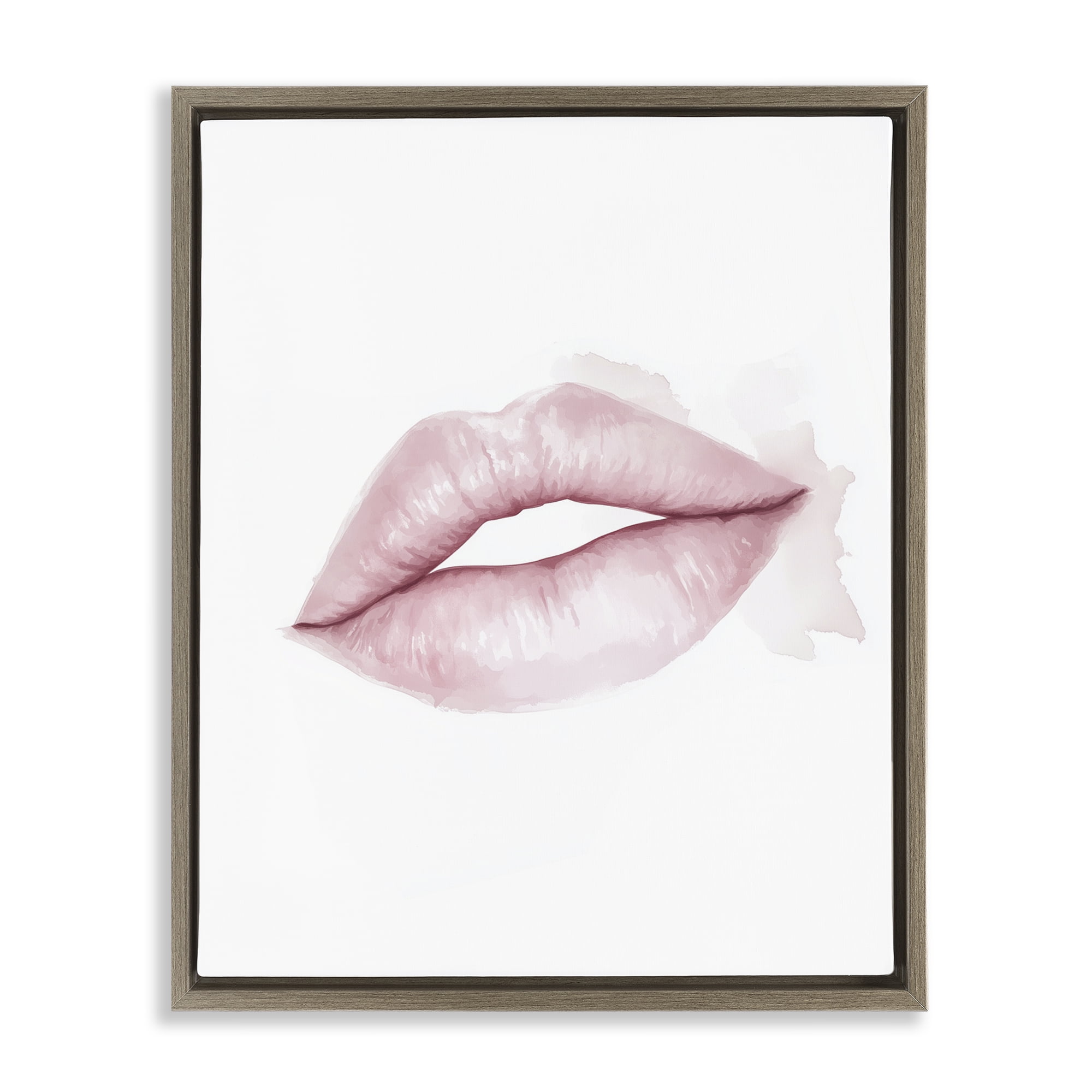 Pink Lips Watercolor Brown Framed Floater Canvas Wall Art, design by Christine Simpson Art