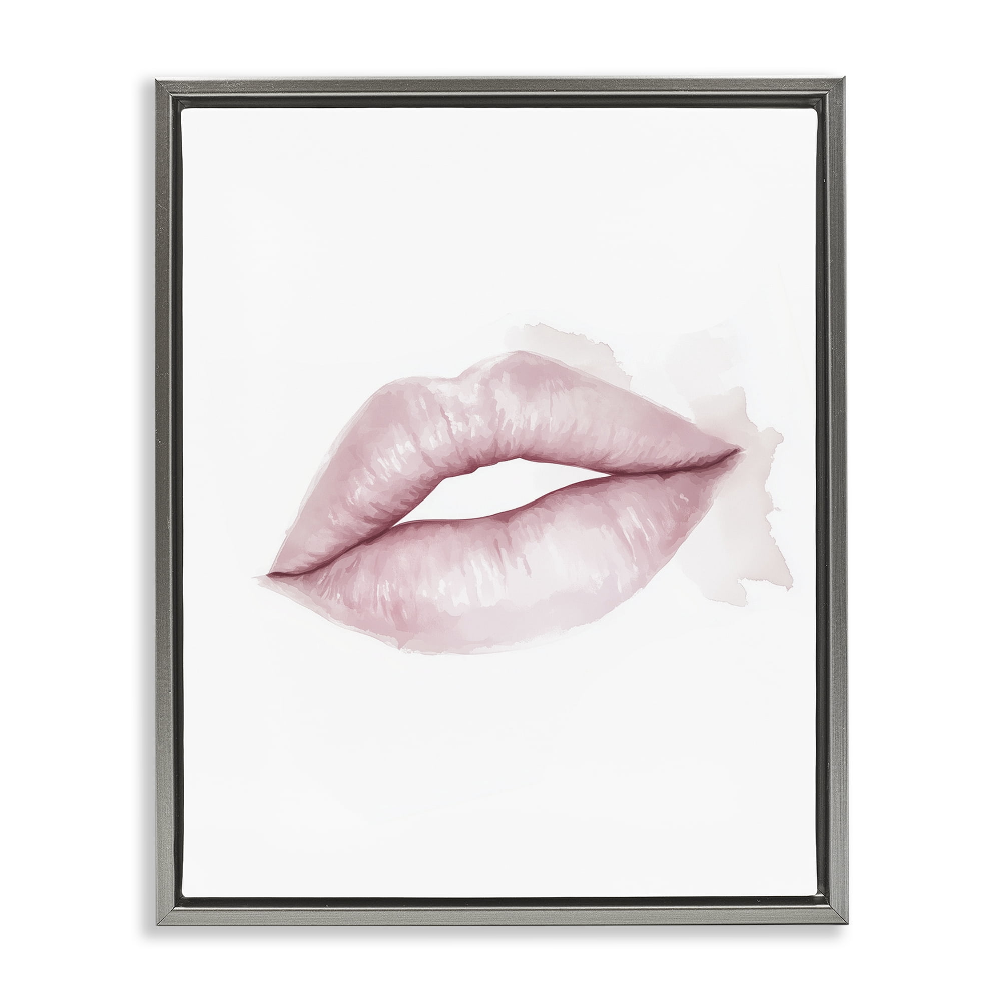 Pink Lips Watercolor Gray Framed Floater Canvas Wall Art, design by Christine Simpson Art