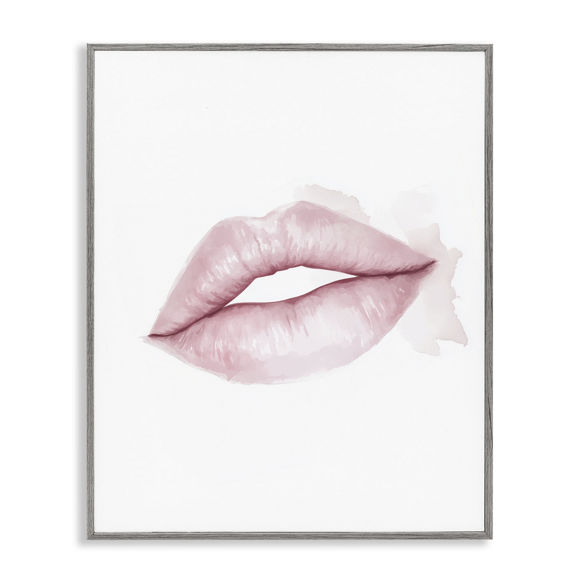 Pink Lips Watercolor Gray Framed Giclee Art, design by Christine Simpson Art