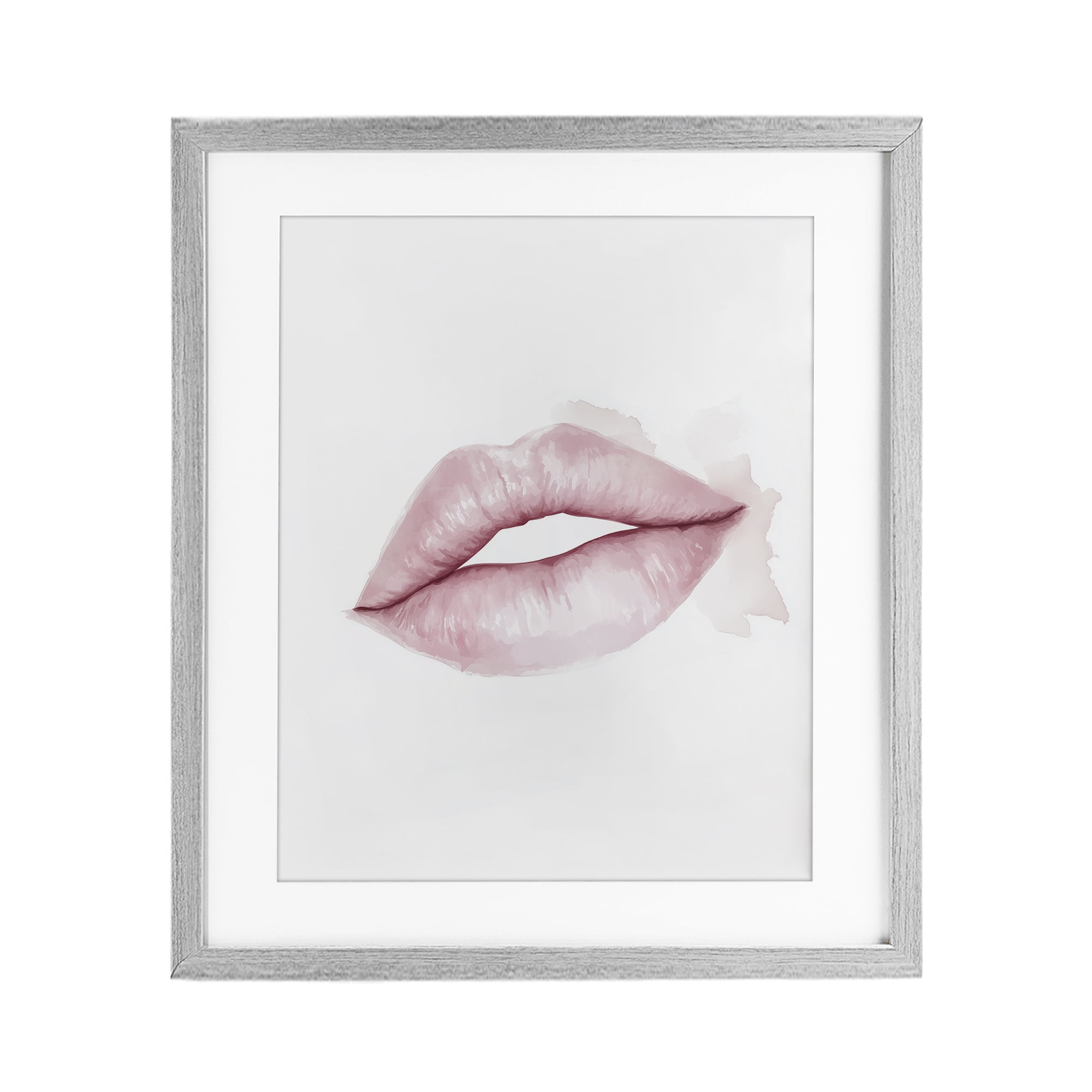 Pink Lips Watercolor Gray Framed Print Under Glass, design by Christine Simpson Art