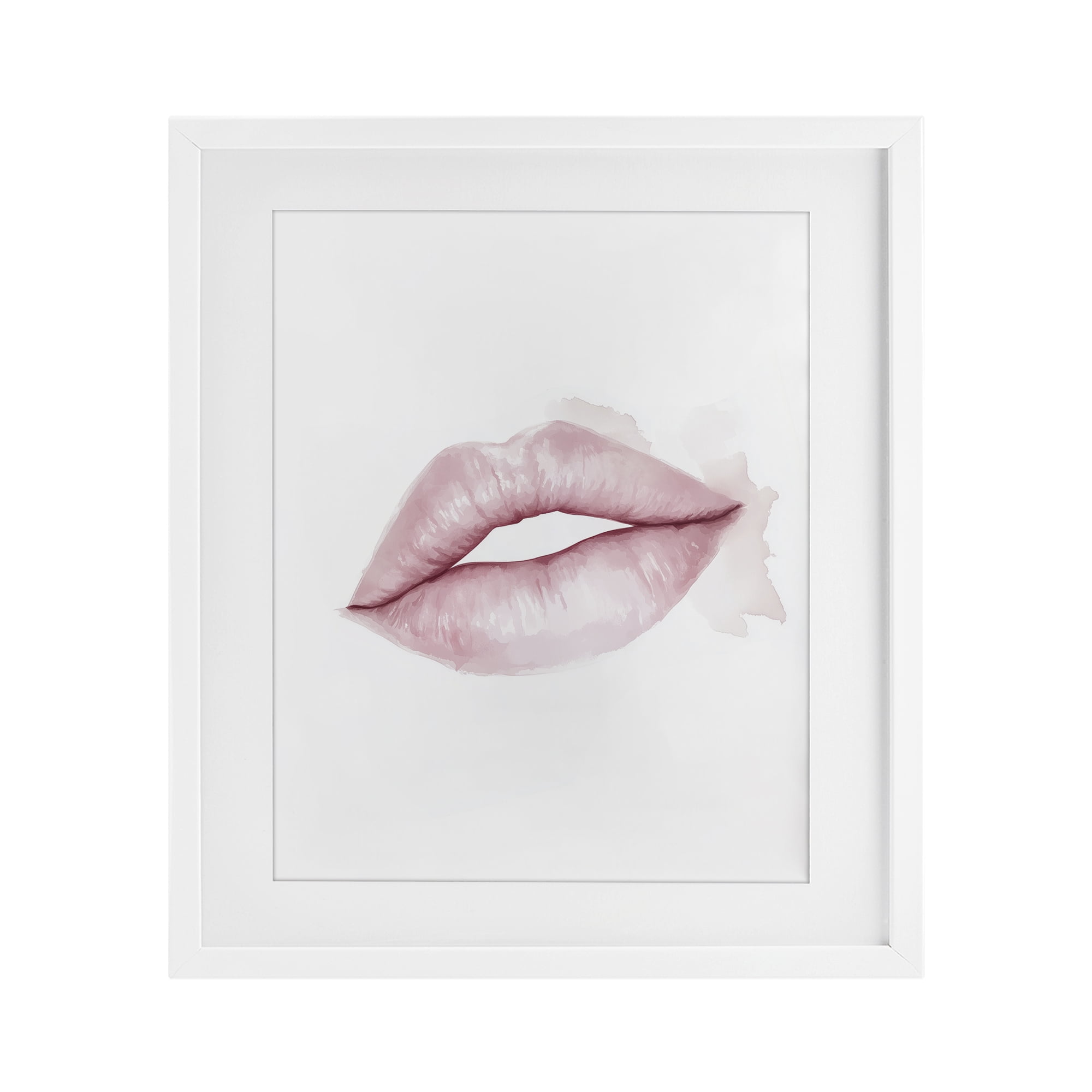 Pink Lips Watercolor White Framed Print Under Glass, design by Christine Simpson Art