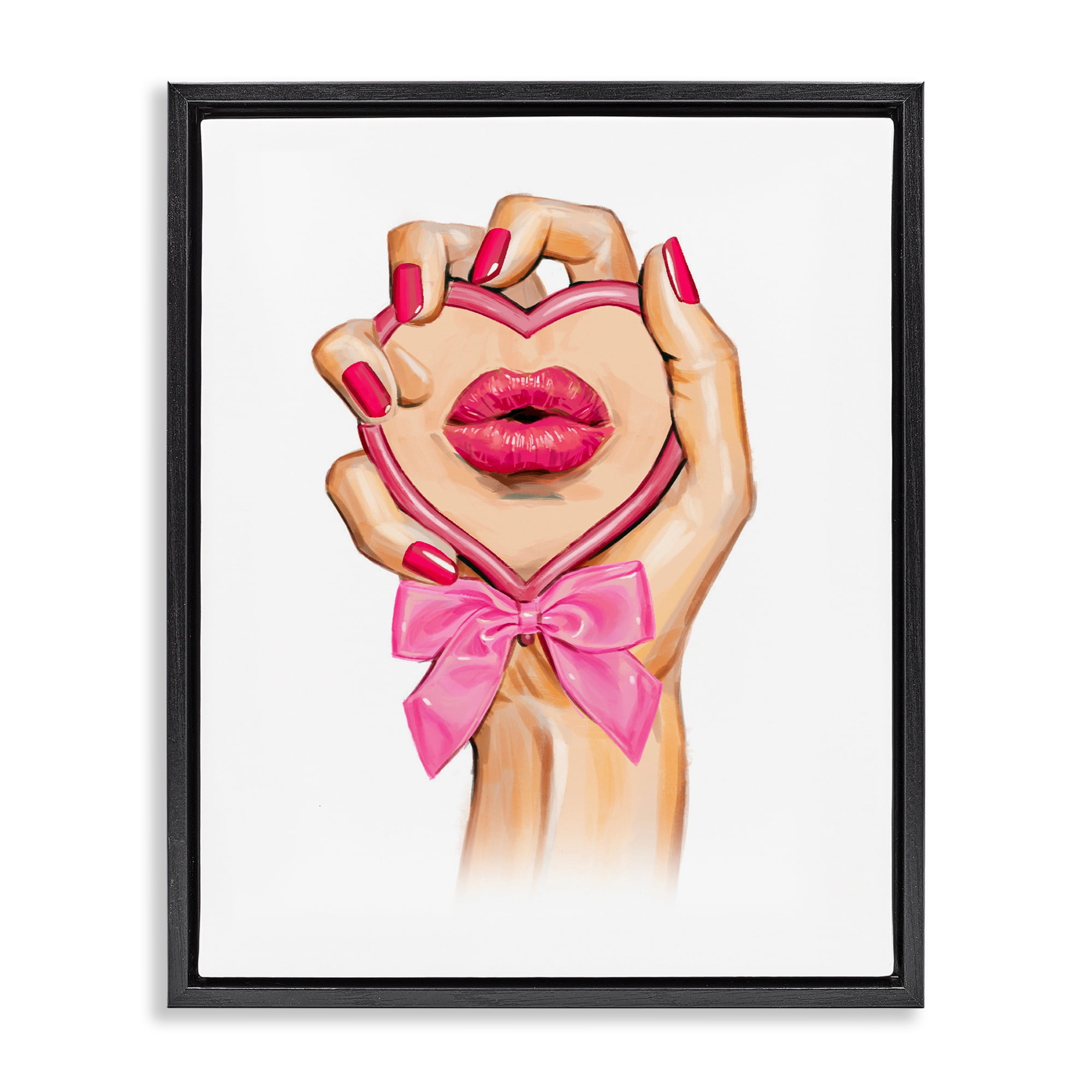 Pink Lips in Mirror Black Framed Floater Canvas Wall Art, design by Ziwei Li