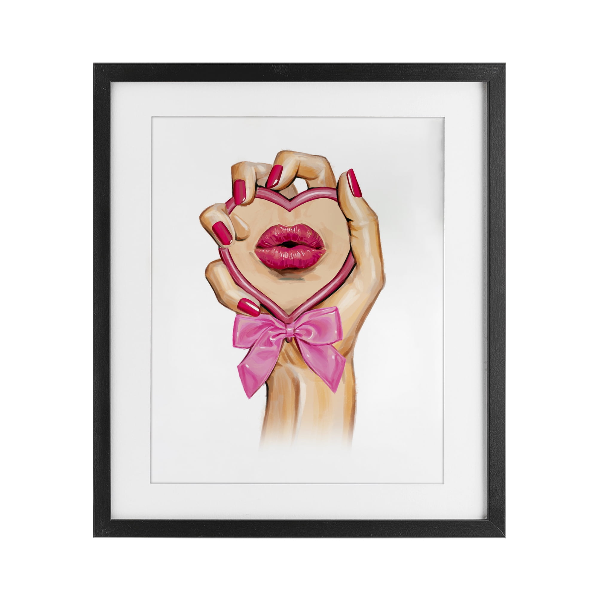 Pink Lips in Mirror Black Framed Print Under Glass, design by Ziwei Li