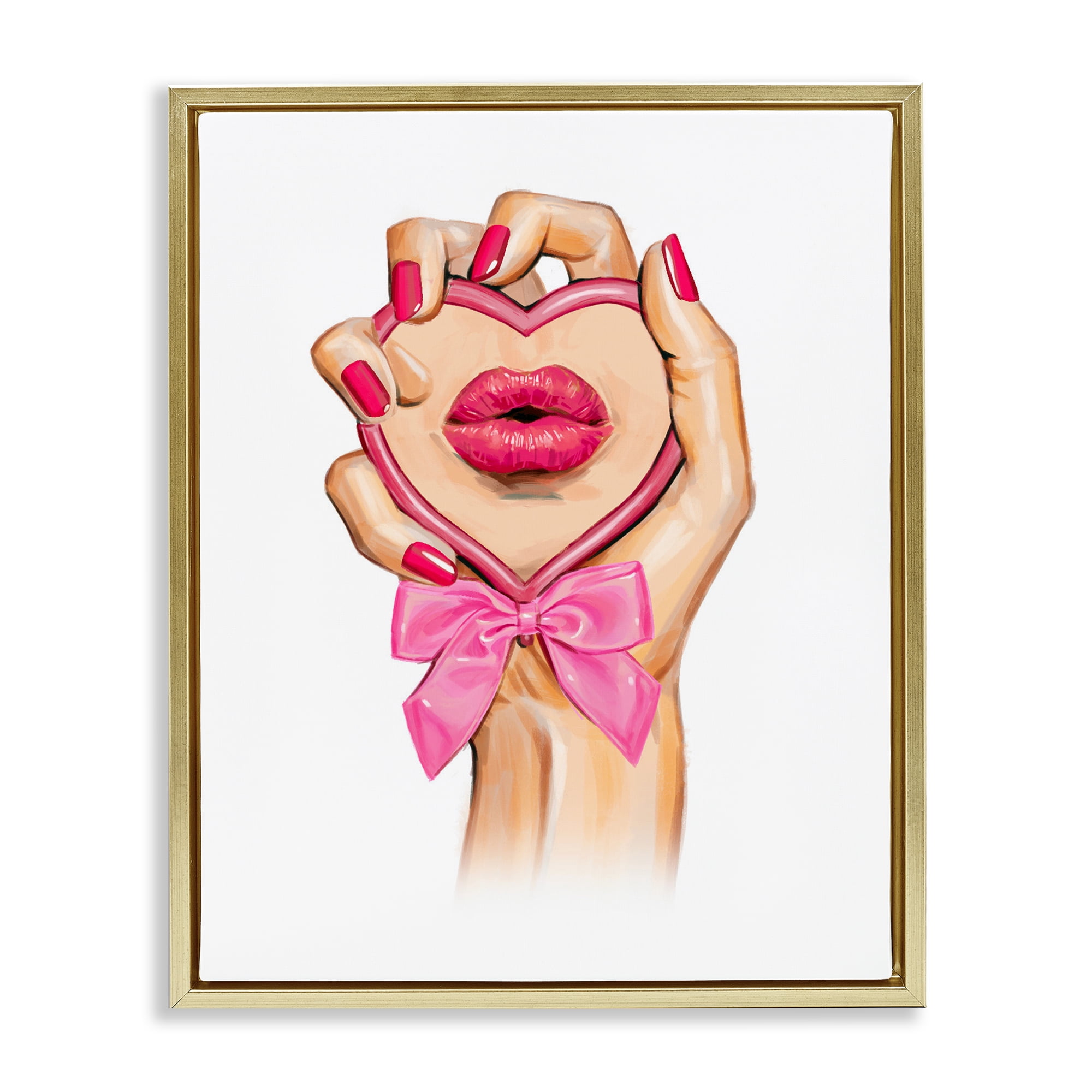 Pink Lips in Mirror Gold Framed Floater Canvas Wall Art, design by Ziwei Li