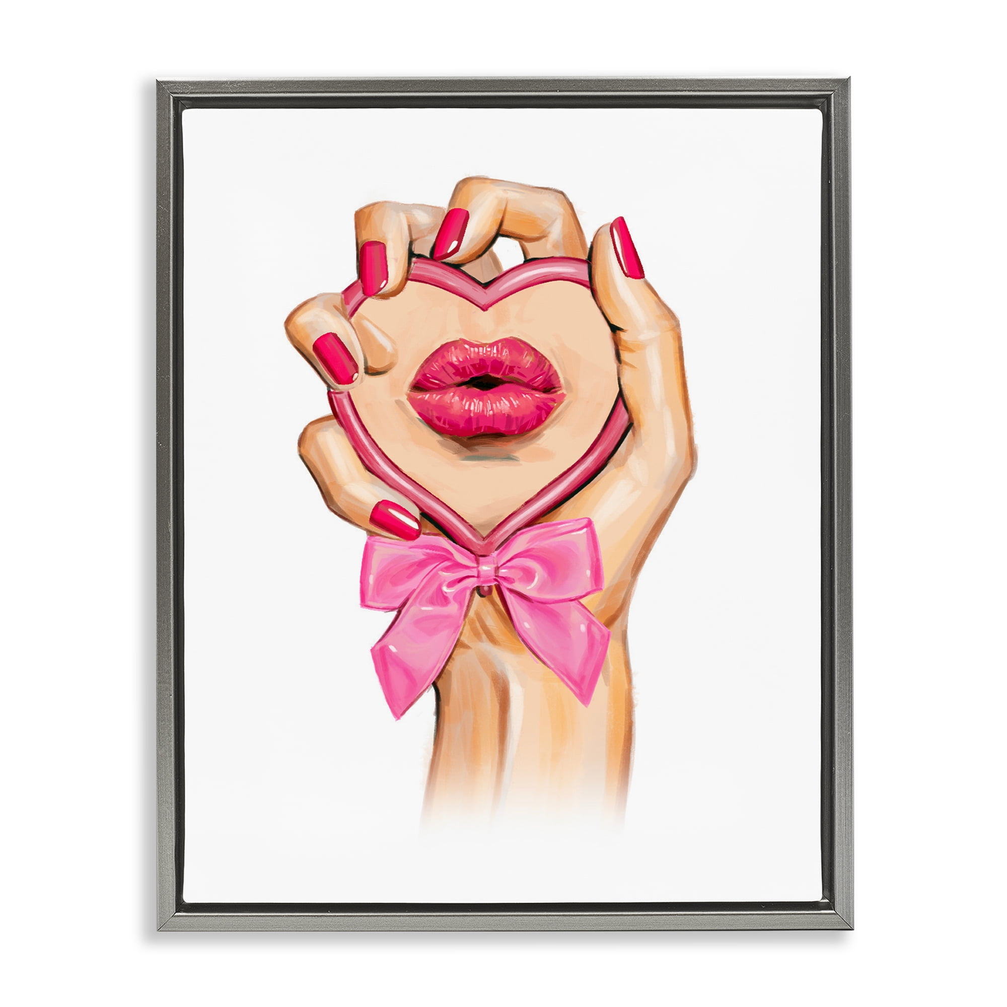 Pink Lips in Mirror Gray Framed Floater Canvas Wall Art, design by Ziwei Li