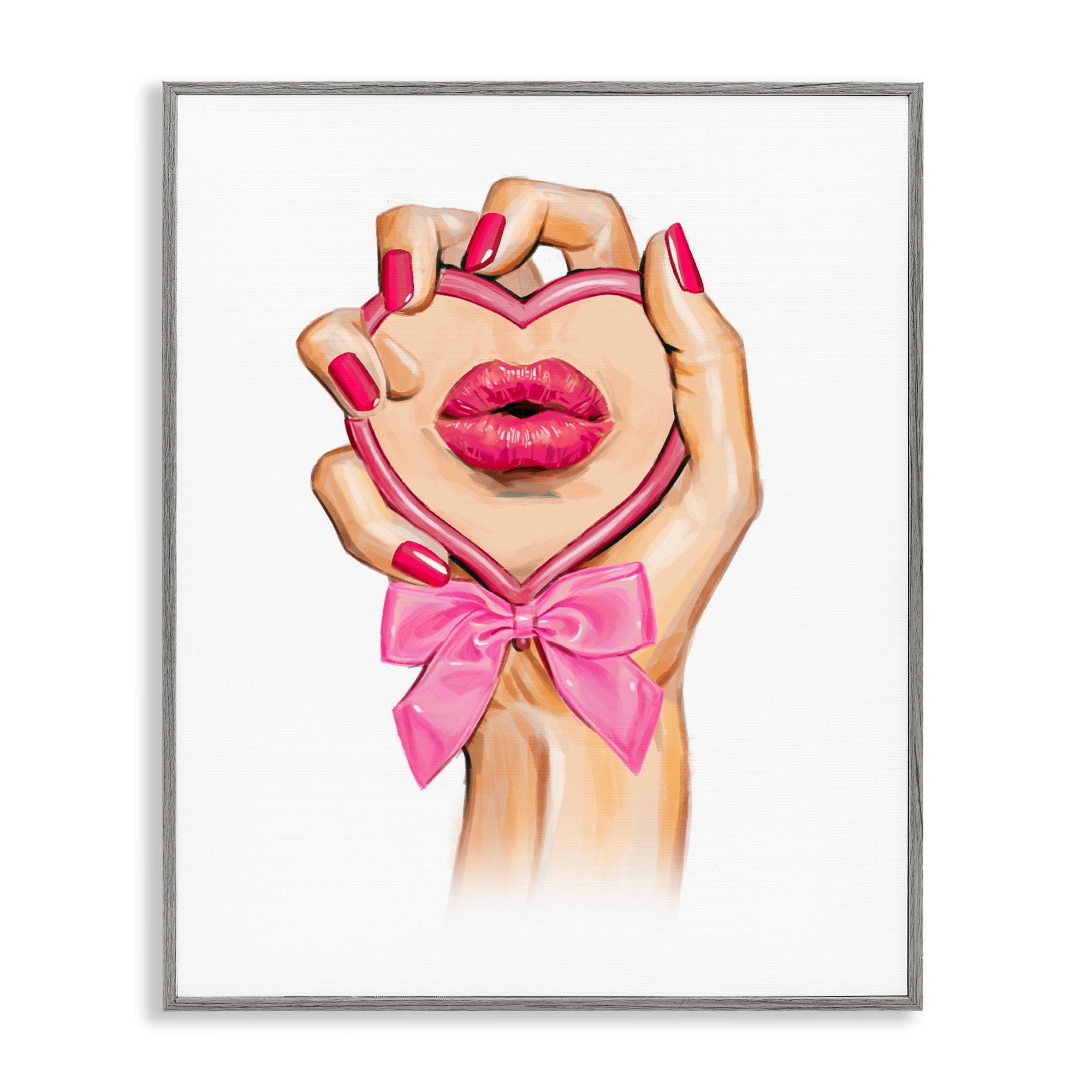 Pink Lips in Mirror Gray Framed Giclee Art, design by Ziwei Li