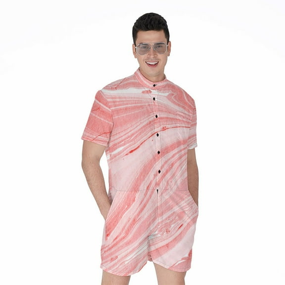 Pink Liquid Marble Short Sleeve Men'S Rompers Casual Summer Jumpsuits Outfit