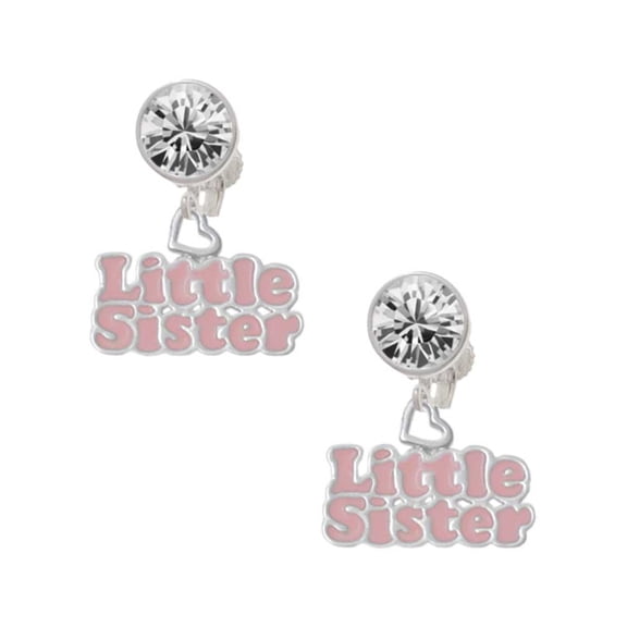 Pink ''Little Sister'' with Heart Clear Crystal Clip On Earrings