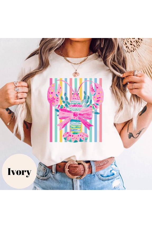 Pink Lobster Striped Shirt, Nantucket Preppy Tee, Colorful Summer Beach Vacation Graphic