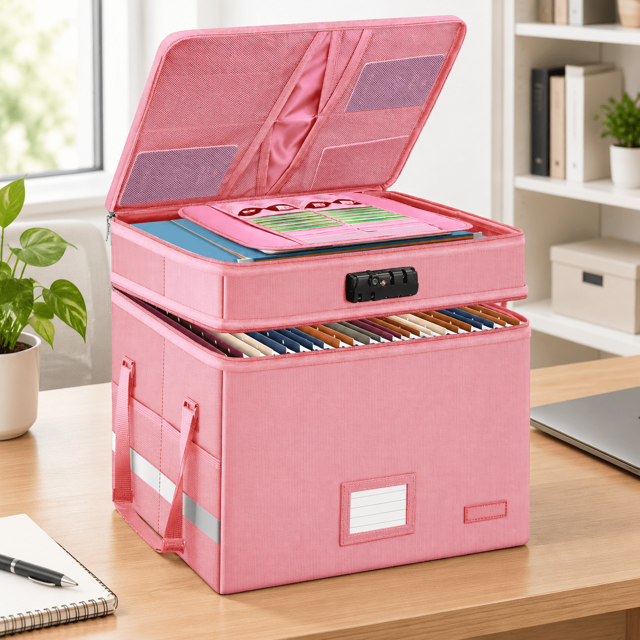 Pink Lockable File Box Collapsible Multi-layer Document Storage for ...