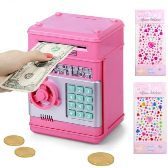Pink Locked Piggy Bank for Adults with Gem Sticker, Lock Auto Grab Bill Slot Money Saving Cash Coin Saving Box with Password, Electronic Money Safe Bank, Coded Piggy Bank with Passcode(Pink)