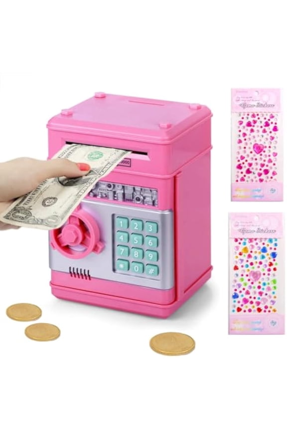 Pink Locked Piggy Bank for Adults with Gem Sticker, Lock Auto Grab Bill Slot Money Saving Cash Coin Saving Box with Password, Electronic Money Safe Bank, Coded Piggy Bank with Passcode(Pink)