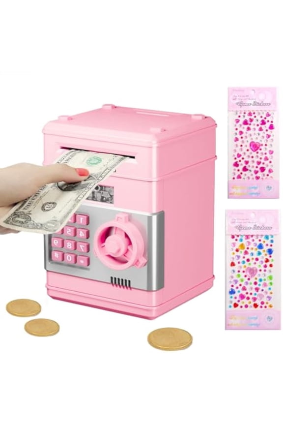 Pink Locked Piggy Bank for Adults with Gem Sticker, Lock Auto Grab Bill Slot Money Saving Cash Coin Saving Box with Password, Electronic Money Safe Bank, Coded Piggy Bank with Passcode(Light Pink)