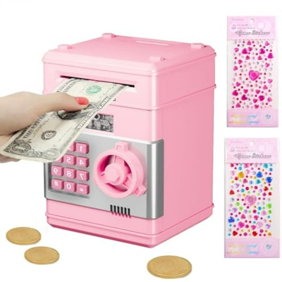 Pink Locked Piggy Bank for Adults with Gem Sticker, Lock Auto Grab Bill Slot Money Saving Cash Coin Saving Box with Password, Electronic Money Safe Bank, Coded Piggy Bank with Passcode(Light Pink)