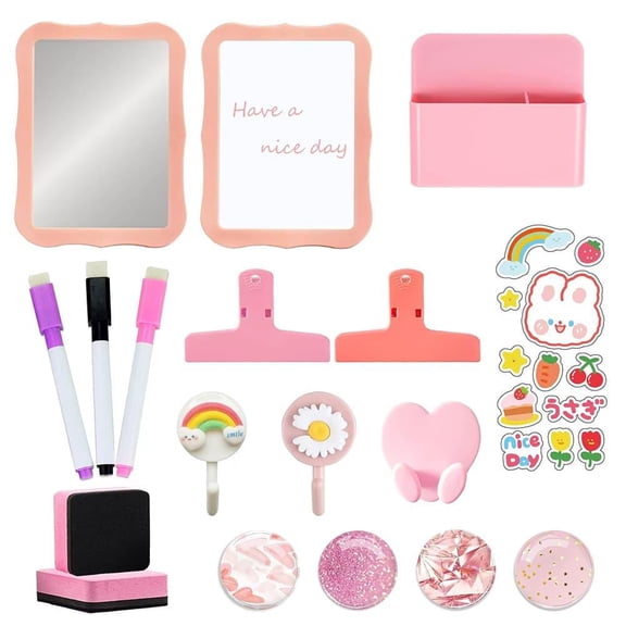 Pink Locker Accessories Kit 18 PCS, Magnetic Mirror Whiteboard Pen Holder Organizer Decor Supplies for Girls, Back to School Locker Essentials with Hooks Clips Magnets Stickers