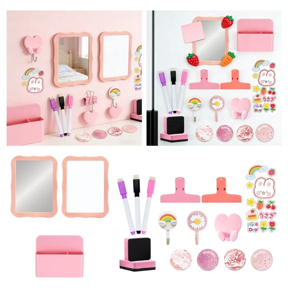 Pink Locker Accessories Set Whiteboard and Mirror Kit 18 Pcs set strong Whiteboard mirror pen holder Pink decor For school lockers back to school office