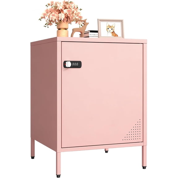 Pink Locker Nightstand, Metal End Table Single Door Bedside Cabinet, Lockable Storage Cabinet for Living Room, Bedroom, Dorm, Office