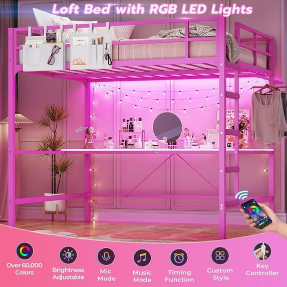 Pink Loft Bed Full Size with Desk & Charging Station, Heavy Duty Metal Loft Bed with Led Lights & Ladder & Full-Length Guardrail, No Box Spring Needed