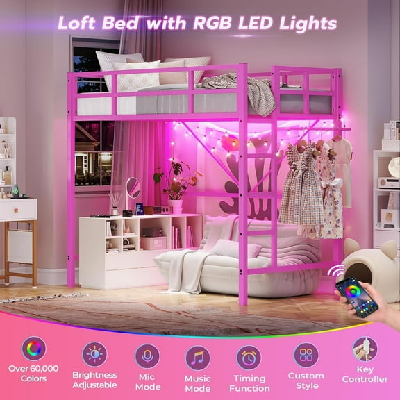 Pink Loft Bed Twin Size with Stairs & LED Lights &Full-Length Guardrail for Adults, Twin Metal Loft Bed Frame with Clothes Rack for Bedroom, No Box Spring Needed