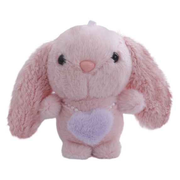 Pink Long-Eared Bunny Plush Keychain, Fluffy Rabbit Bag Charm with Fuzzy Heart Accent, Tiny Stuffed Doll Accessory, Cute Pocket-Sized Present for Backpacks, Purses and Keyrings