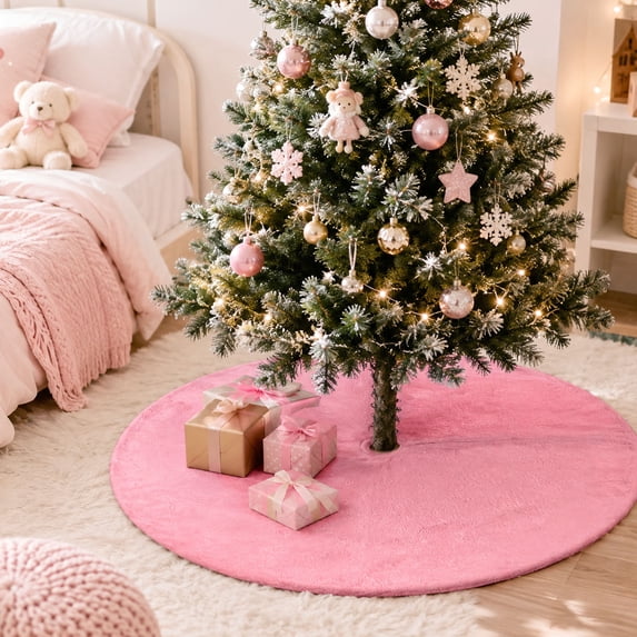 Pink Long Plush Christmas Tree Skirt, 30.7 Inch Diameter with Fluffy ...