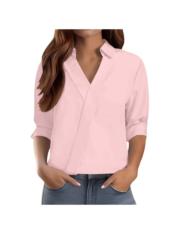 Pink Long Sleeve Shirts for Women V-Neck Casual Tunic Tops Work Fashion Cute Fall Outfits 2026 Dressy Blouse XL