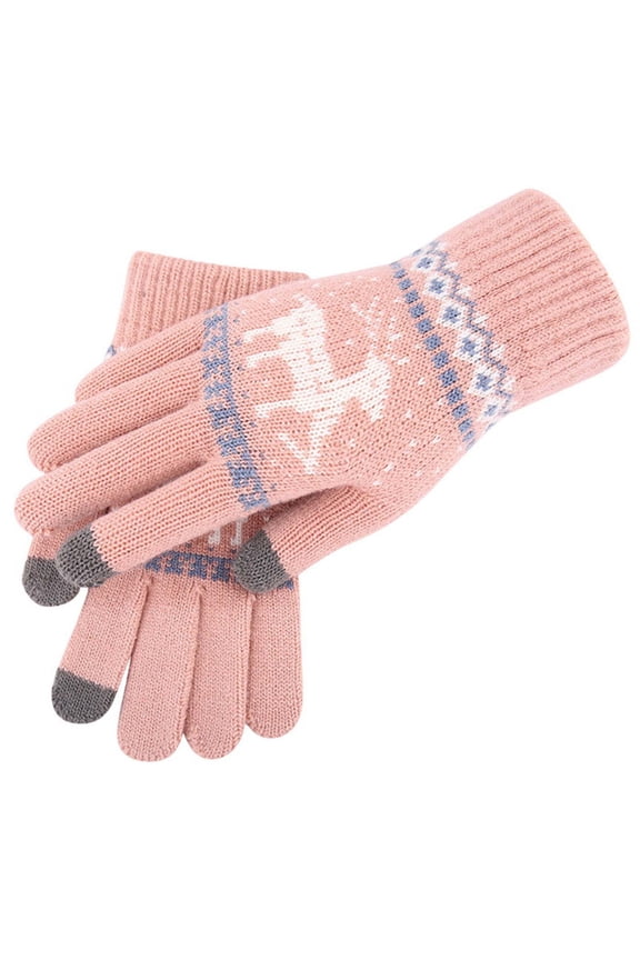 Pink Long Sleeve Women'S Knitted Gloves Full Finger Touchscreen Fawn Motif Winter Warmth Soft Fabric Perfect For Outdoor Adventures And Sun Protection