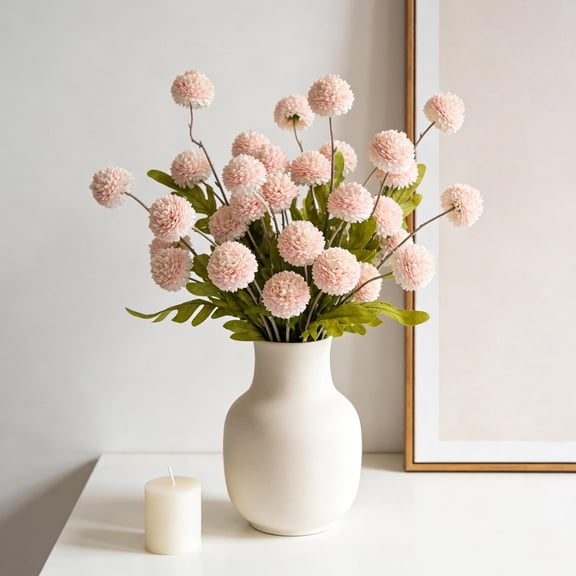 Pink Long Stem Silk Pompon Mum Artificial Dandelion Flower For Tall Vase Home Floral Arrangement Decor