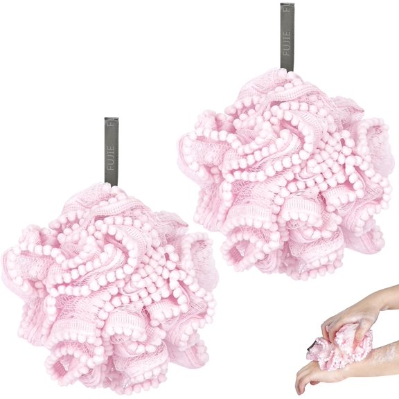 Pink Loofah, Shower Bath Spong, Soft Shower Loofahs Balls, Globose lace Shower Ball, for Body Wash Scrubber Cleaning Loofah Bathroom Accessories (2Pcs Pink)