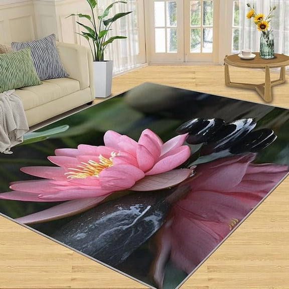 Pink Lotus Area Rug, Zen Lotus Bedroom Rugs, Tranquil Flower Rugs for Living Room, Indoor Non-Slip Rug, Machine Washable Carpet for Front Entrance Floor Decor 2 x 3ft