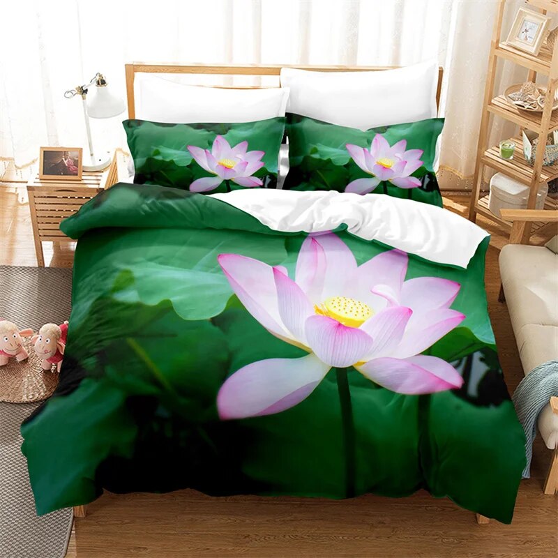 Pink Lotus Bedding Set Green Duvet Cover Set Kids Bedding Digital Printing Bed Linen King Size