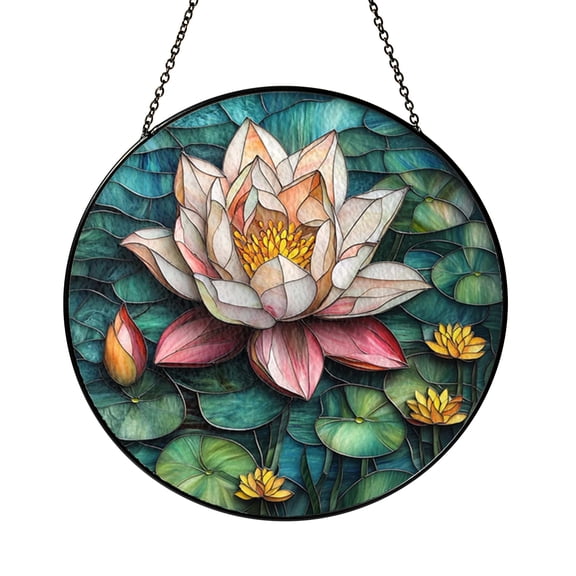 Pink Lotus Bloom Stained Glass Circular Window Panel with Lily Pads, Peaceful Botanical Nature Inspired Decor