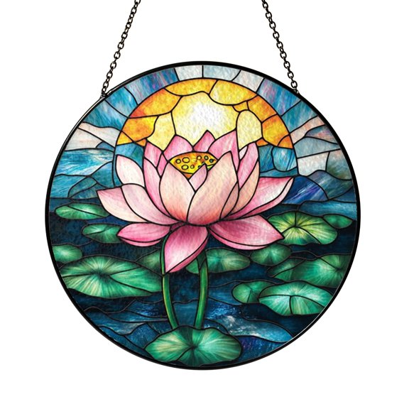 Pink Lotus Bloom Stained Glass Suncatcher Sunburst Window Art Decorative Glass for Home Interior Display