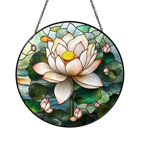 Pink Lotus Circular Window Panel with Stained Glass Effect, Decorative Floral Window Art