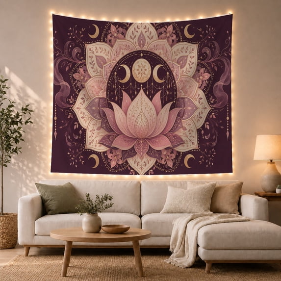 Pink Lotus under Crescent Moons in Purple Florals, Peaceful Boho for Meditation Enthusiasts, Lotus Wall Art, Housewarming Gift, Tapestry Wall Hanging for Bedroom and Yoga Room
