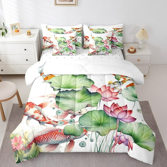 Pink Lotus Floral Bedding Twin Size 7-Piece Cute Koi Fish Comforter Set, Green Lotus Leaves Bedding Comforter Sets Animal Wildlife Bed in a Bag, Summer Botanical Flower Bedding Accessories