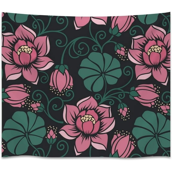 Pink Lotus Floral Pattern Wall Tapestry, Retro Botanical Flower and Leaf Boho Decor for Bedroom, Living Room or Dorm, 30 x 40 Inch