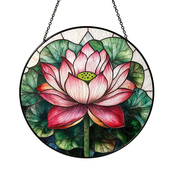 Pink Lotus Floral Stained Glass Style Suncatcher Window Hanging, Water Lily Flower Decorative Window Panel Art, Botanical Inspired Glass Style Window Decor, Elegant Garden Theme Ornament