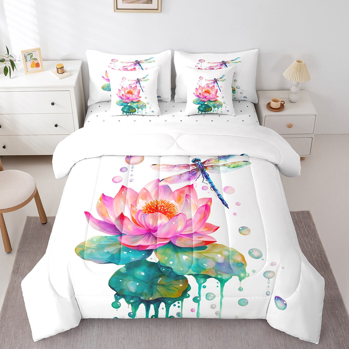 Pink Lotus Flower Bedding Comforter Sets 7pcs Chic Dragonfly Bed in a