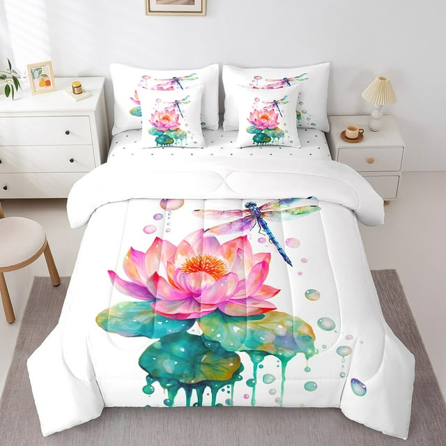Pink Lotus Flower Bedding Comforter Sets 7pcs Chic Dragonfly Bed in a