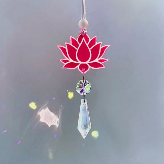 Pink Lotus Flower Car Charm, Auto Rear View Mirror Accessories, Rainbow Crystal Suncatcher, BOHO Minimalist Dainty Decor, New Car Gift For Her