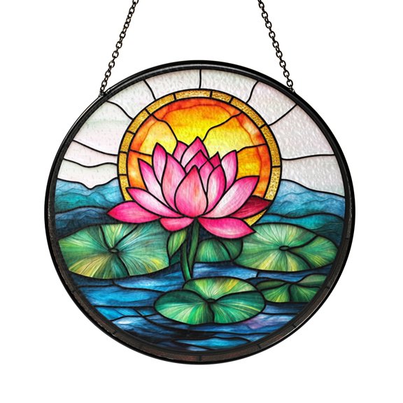 Pink Lotus Flower Sunburst Stained Glass Suncatcher Window Decor Featuring Lotus Bloom with Radiating Pattern Decorative Glass Art for Home Interior Window Display