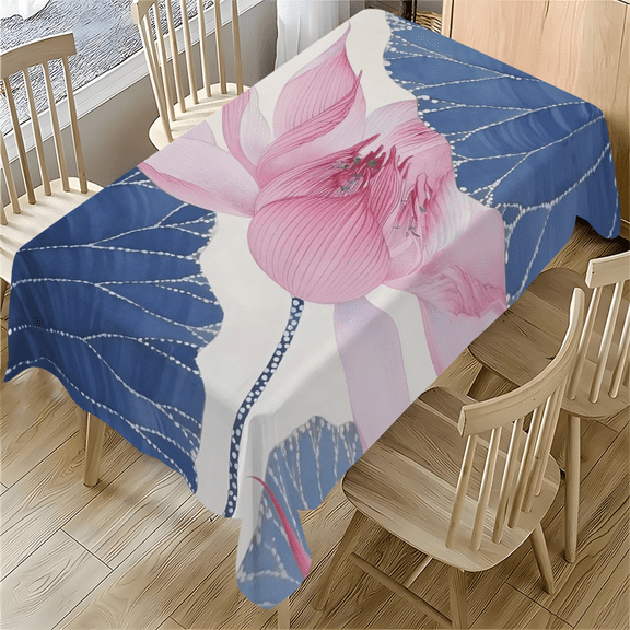 Pink Lotus Flower Tablecloth 55 x 77.1 Inches - Asian Style Design for Dining Table, Desk, Party, Outdoor Use