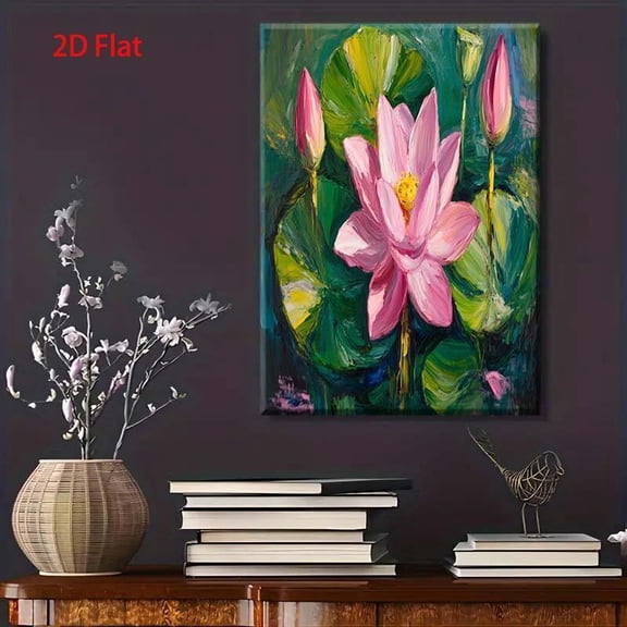 Pink for Lotus Flower Wall Art - Hand-Painted-Like Green & Pink for Lotus Painting on Wood Frame & Wrapped Canvas, Serene Botanical Decor for Living Room, Bedroom - Zen Style Minimalist Large Wall