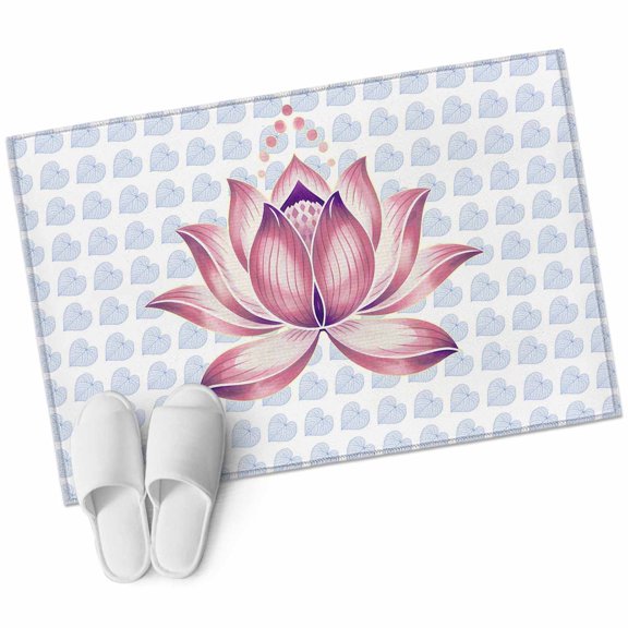 Pink Lotus Flowers Bathroom Rug Washable 2x3 Entryway Rug Non Slip Classic Love Heart Leaves Blue Front Door Mat Low Pile Indoor Doormat Throw Floor Carpet for Kitchen Bedroom Entrance